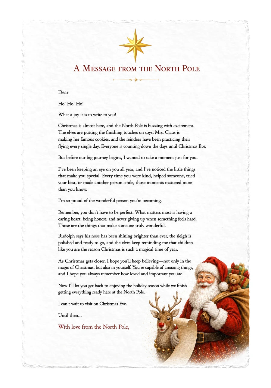 Personalized Santa Letters for Kids — on white handmade paper — full view