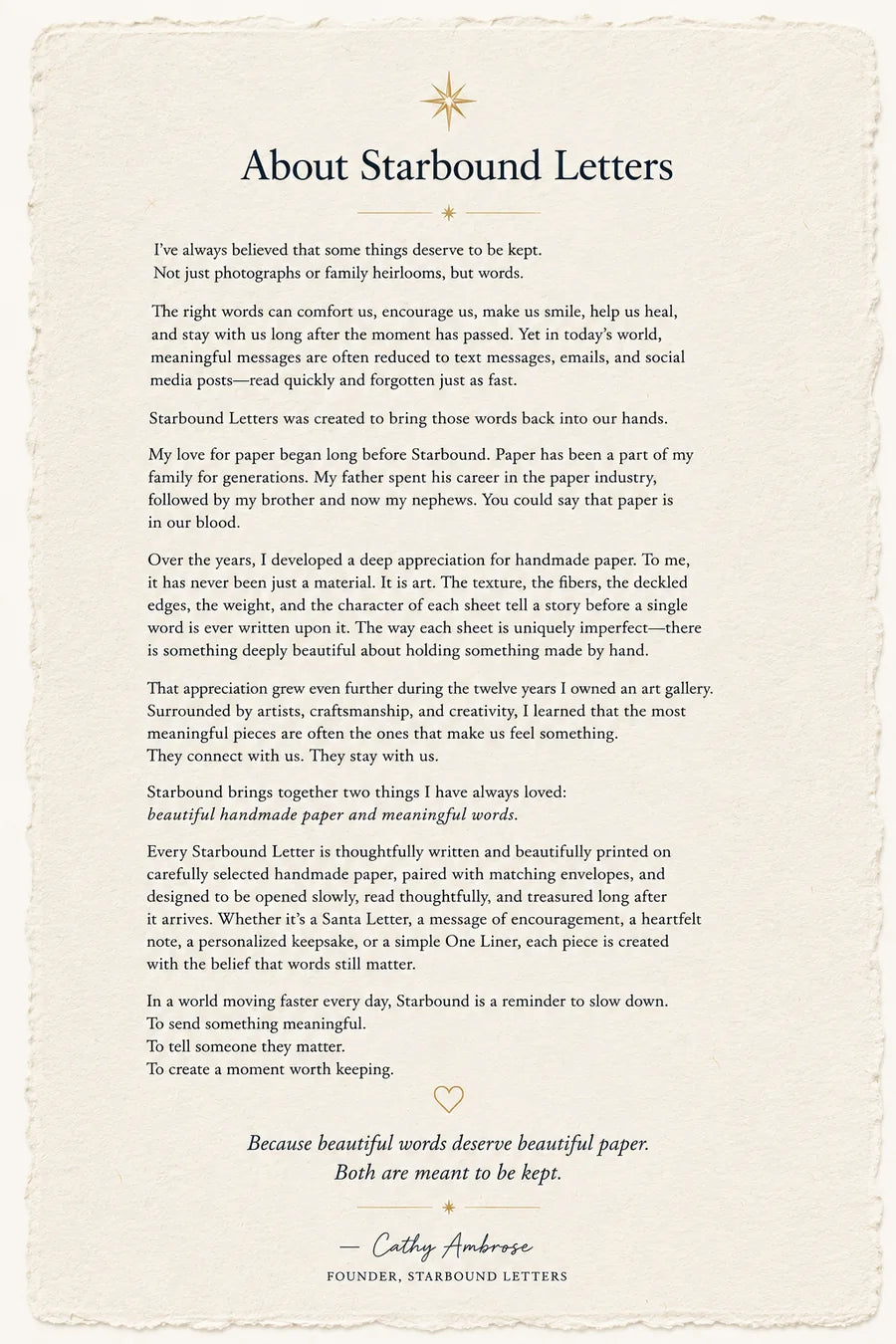 The original About Starbound Letters letter, printed on white handmade paper with deckle edges