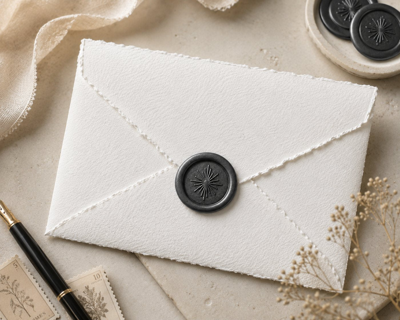 White handmade envelope with the Starbound charcoal wax seal