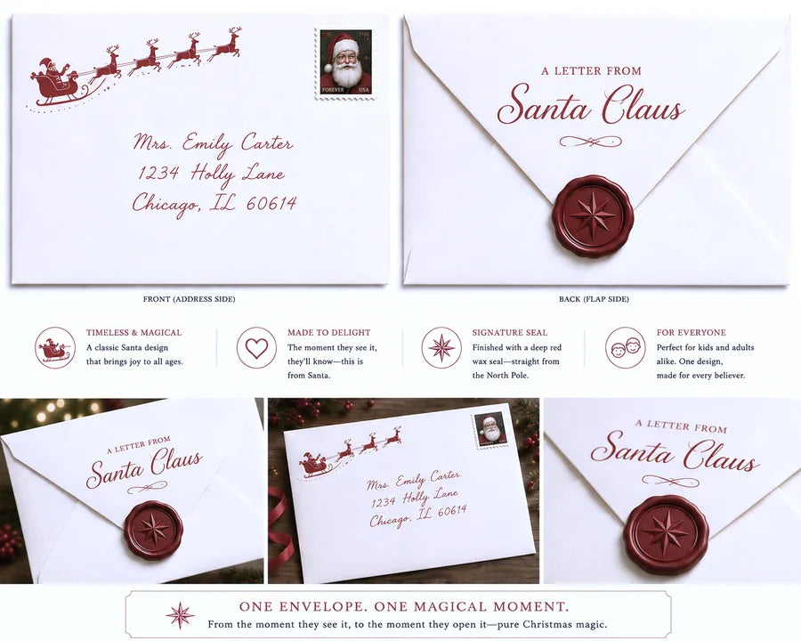 Santa letter presented with its matching white handmade envelope and red wax seal