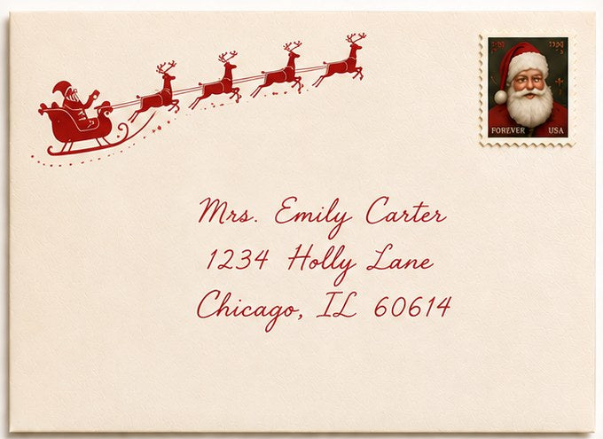 The Starbound Santa envelope: reindeer and sleigh, handwritten address and a deep red wax seal