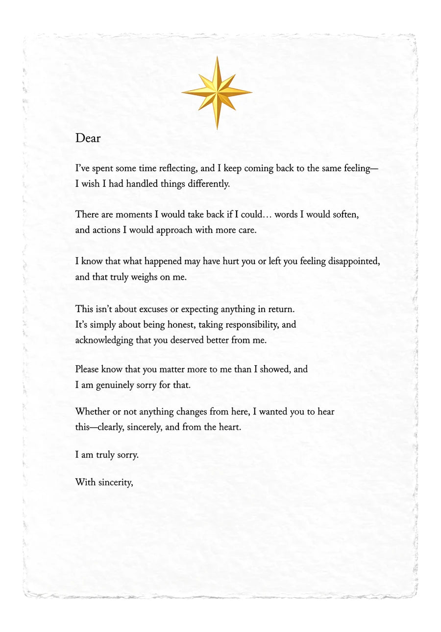 Apology Letter — on white handmade paper