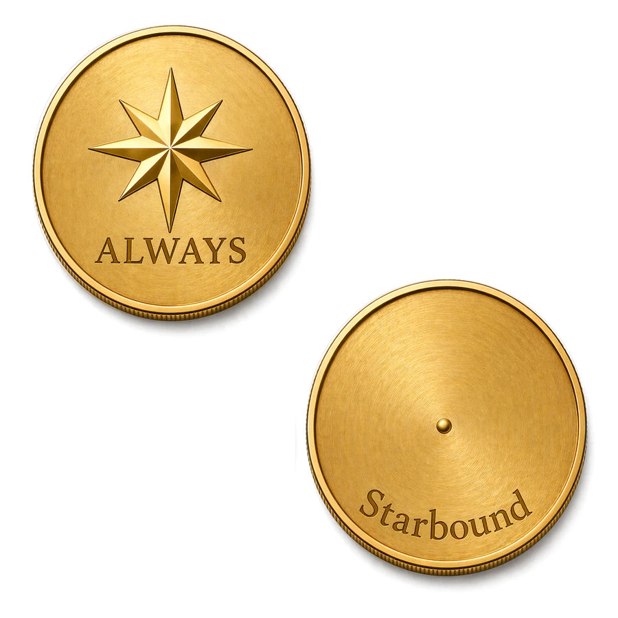 The Always Coin — gold coin embossed with the Starbound star and the word ALWAYS — shown front and back