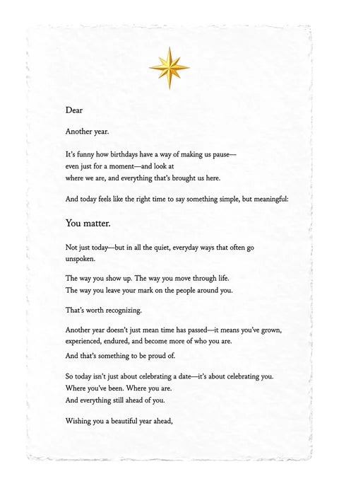 Birthday Letter — printed on white handmade paper with deckle edges