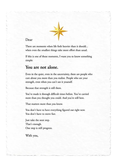 Encouragement Letter — printed on white handmade paper with deckle edges
