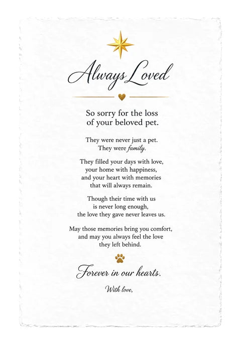 Pet Sympathy Letter — printed on white handmade paper with deckle edges