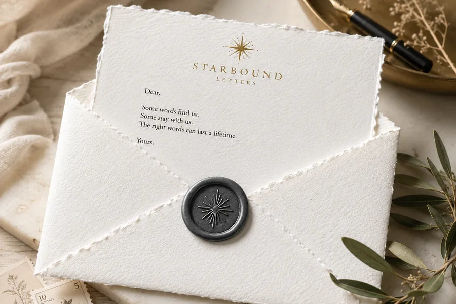 A Starbound letter unfolded beside its matching handmade envelope