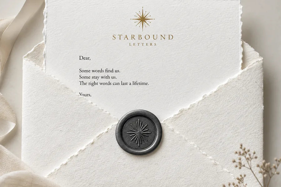Starbound letter and matching handmade envelope with charcoal wax seal