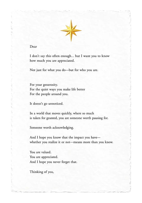 Appreciation Letter — printed on white handmade paper with deckle edges